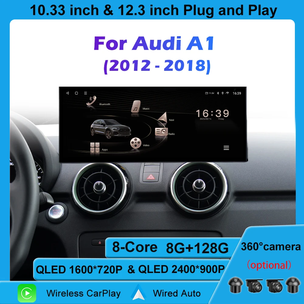 12.3" For Audi A1 2012-2018 Android 16 Car Multimedia Radio Screen WIFI 4G BT DSP Monitor Stereo Car Video Player GPS