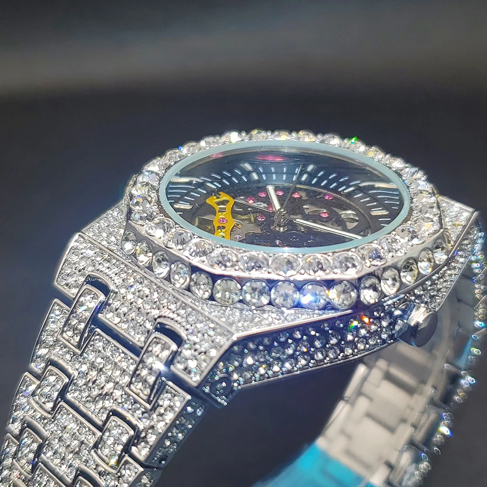 Luxe Mechaincal Heren Horloge Iced Diamond Hiphop Automatische Horloges Met Holle Wijzerplaat Lichtgevende Handklok Voor Mannelijke Dropshipping