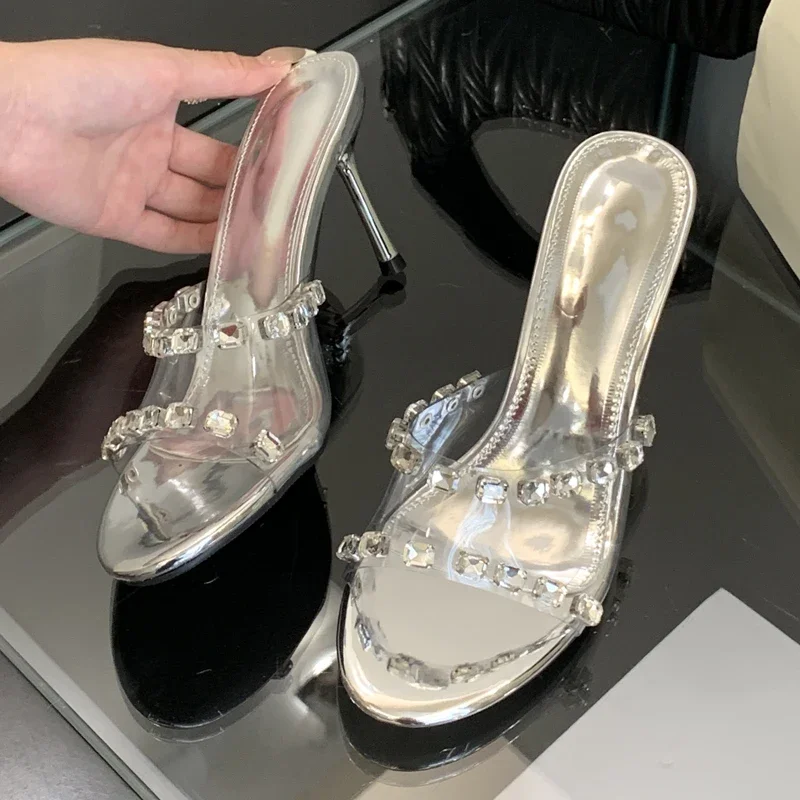 

Aneikeh/пикантные прозрачные женские шлепанцы из ПВХ с круглым носком и кристаллами и бриллиантами, летние туфли на тонком высоком каблуке для банкета и горки ﻿