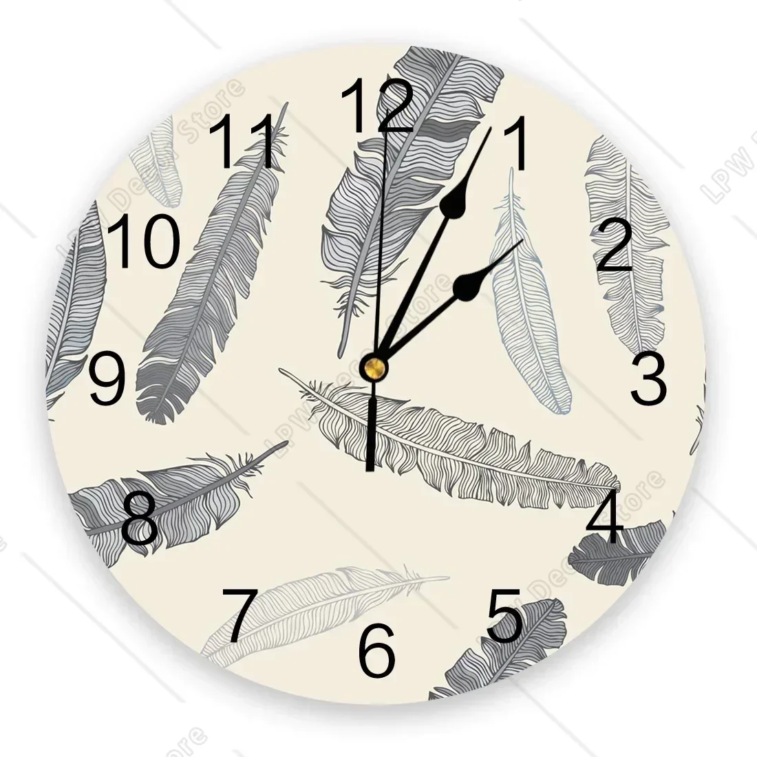 Feather Grey Retro Clock Living Room Home Decor Large Round Wall Clock Mute Quartz Table Clock Bedroom Decoration Wall Watch