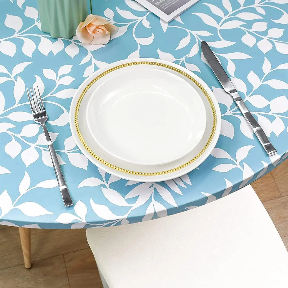 Fitted Round Plastic Vinyl Table Cloth Flannel Backing Elastic Edge Waterproof Table Protector for Dining Room Table Cover