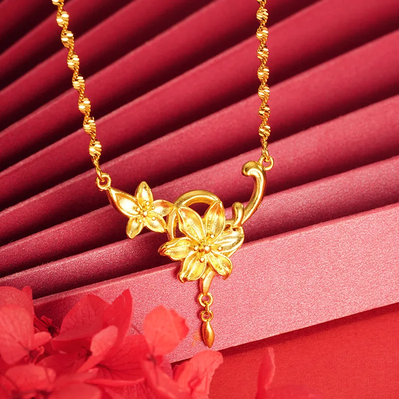 Gold Plated Necklace Women Long Lasting Color Resistant Twin Flower Tassel Copper Vine Pendant Lucky Fortune Blessing Jewelry