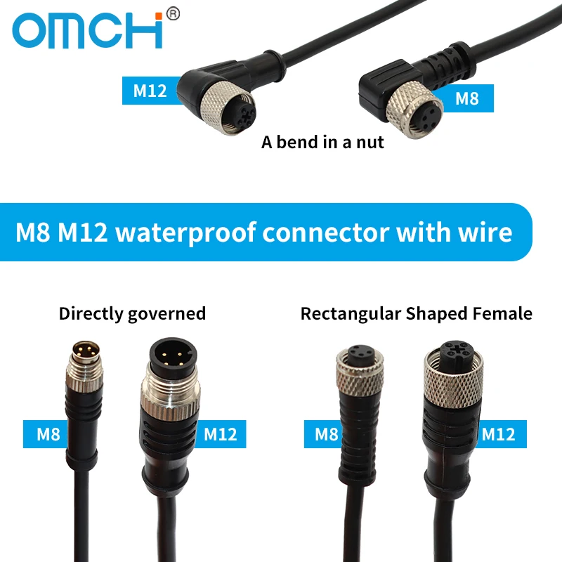 OMCH M8 M12 4 Pins Sensor Connector PVC Electrical Aviation Connectors 2M 5M Male Female Type Waterproof Socket Plug