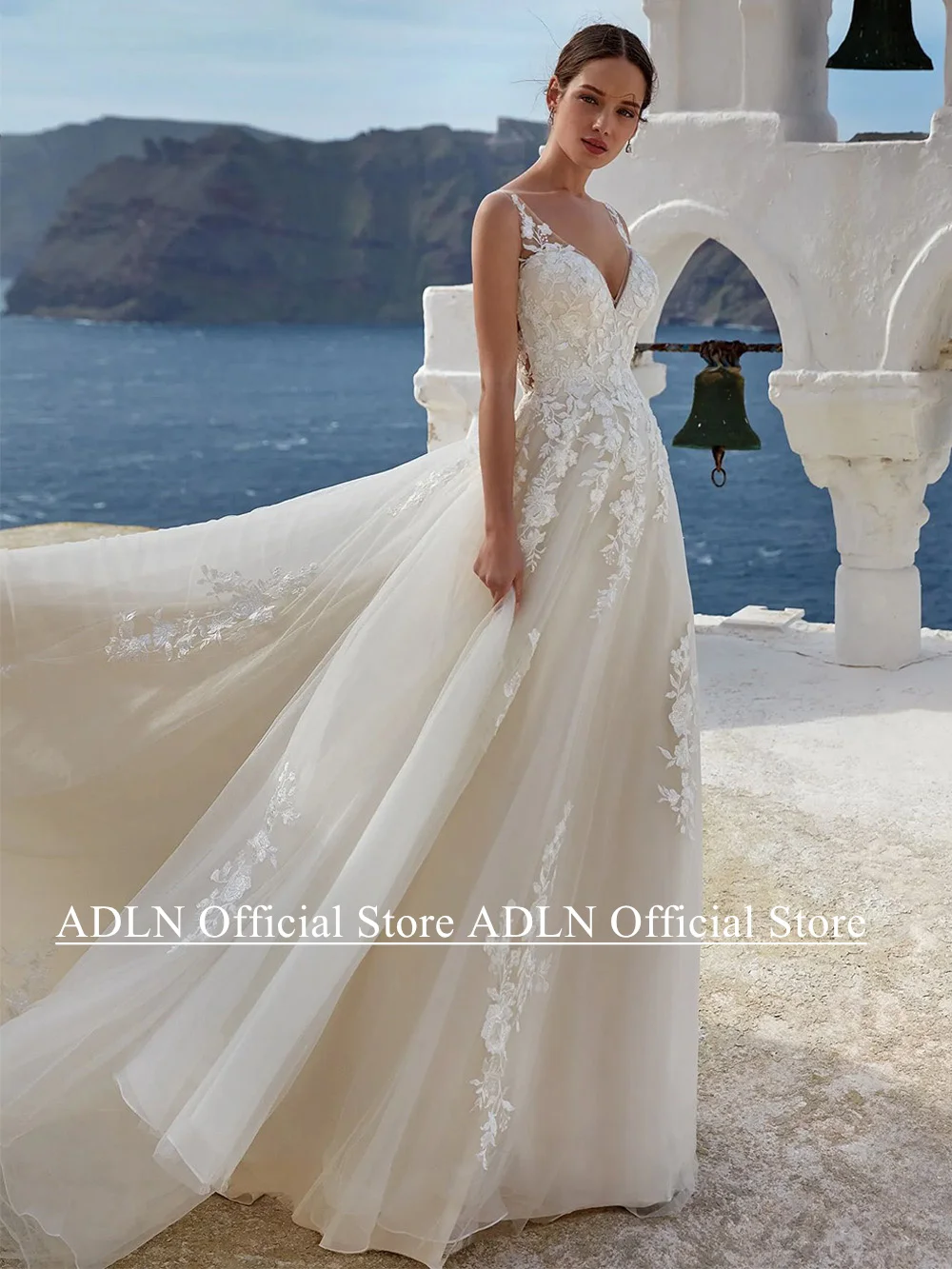 فستان زفاف كلاسيكي للمرأة العروس مخصص الخامس الرقبة بلا أكمام عودة زيبر سويب تراين تول ألف خط بوهو فستان زفاف