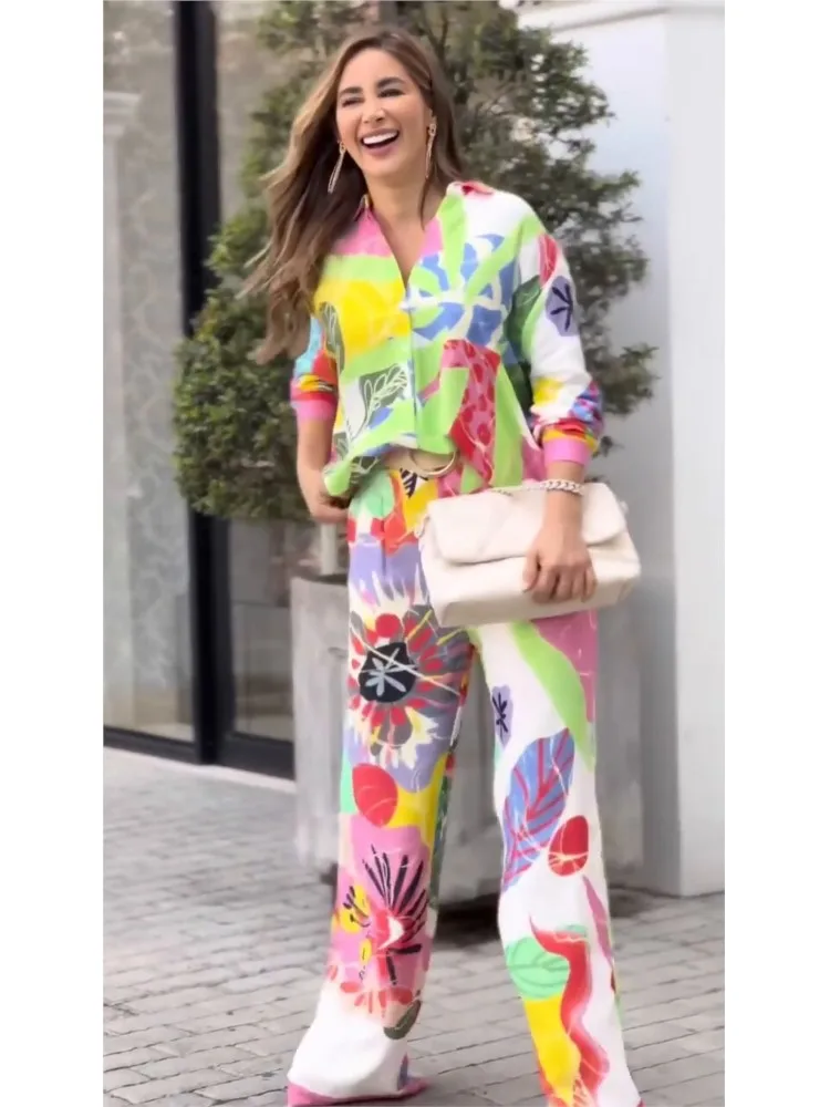 Fashion Color Print Two Piece Sets Women Loose V-neck Long Sleeve Shirts Wide Legs Trousers 2 Piece Set Female Commuting Suits