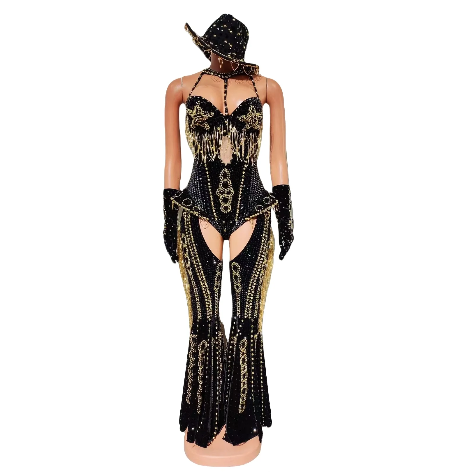 

Concert Women Sparkly Rhinestone Tassel Bodysuit 4Pieces Set Party Luxury Outfit Carnival Cowboy Sexy Couture gig Event Jumpsuit