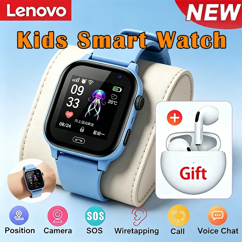 

Lenovo 2026 New Kids 5G GPS Smart Watch SOS Video Call Sim Card HD Camera Waterproof Child Watch for Boys Girls Support Earphone