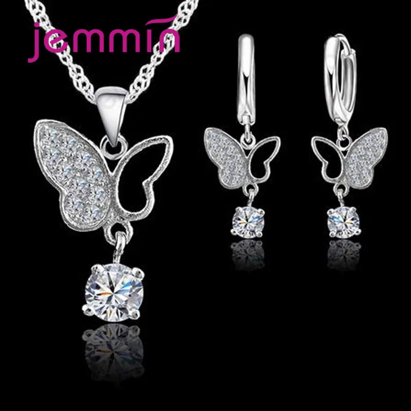 AAAA Zircon Crystal Buterfly Pendants Necklace Earrings Set For Women 925 Silver Bridal Wedding Engagemnet Jewelry Sets
