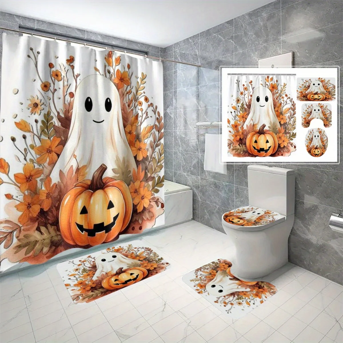 

4 шт. Набор для ванной комнаты «Призрак и тыква» на Хэллоуин — полиэфирная ткань, занавеска для душа, сиденье для унитаза, напольный коврик, U-образный коврик