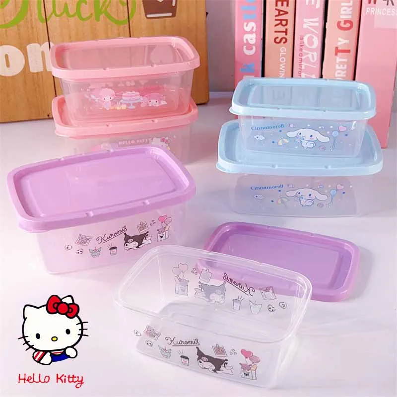 

2Pcs/Set New Sanrio Fresh-Keeping Box Hello Kitty Melody Sealed Quadrilateral Portable Lunch Box Food Classification Storage Box