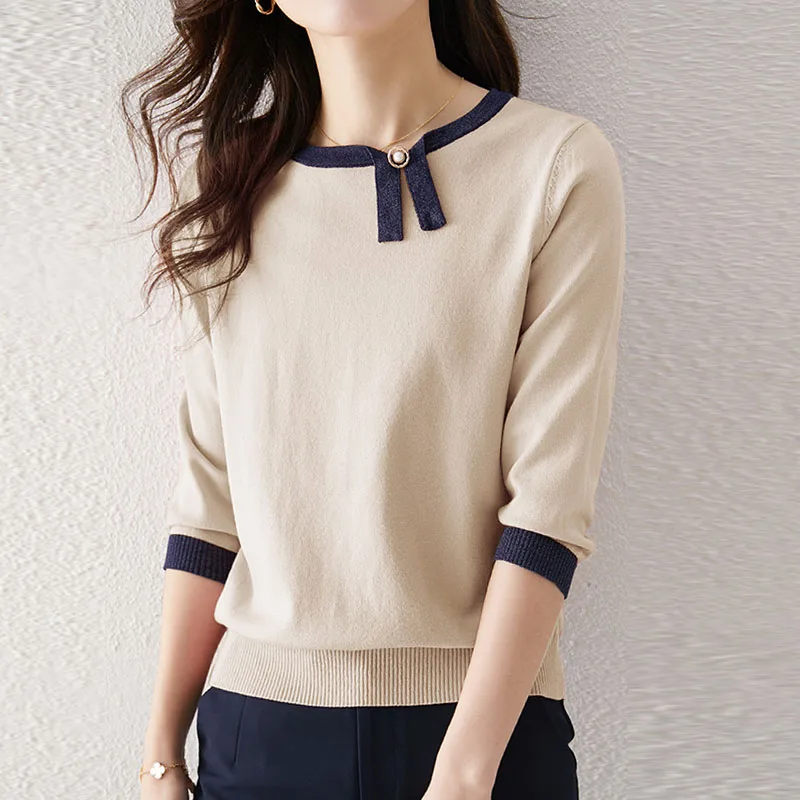 Sueter Feminino Gestrickter Pullover Damen Pullover Mode Patchwork O-Ausschnitt Strickpullover Damen Oberteile Sueters De Mujer Q2625