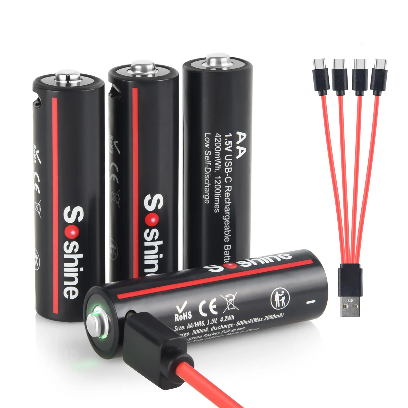 Soshine USB AA 4200mWh 1.5V Highest Capacity Rechargeable Battery AA Type-C Lithium Battery for Toys Smart Door Lock Microphones