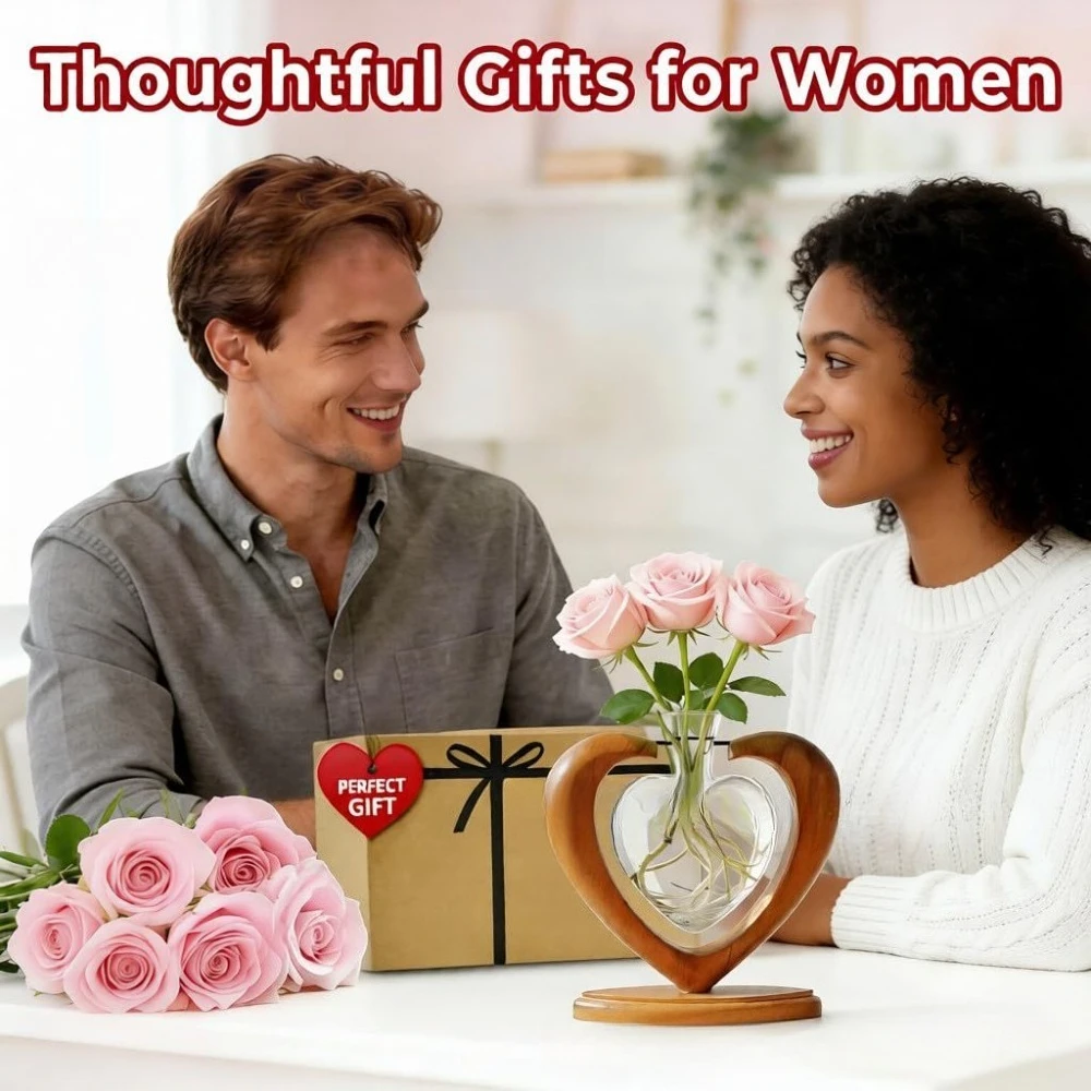 Modern Heart Wooden Holder Glass Vase Hydroponic Plant Propagation Station for Desk Living Room Home Decoration