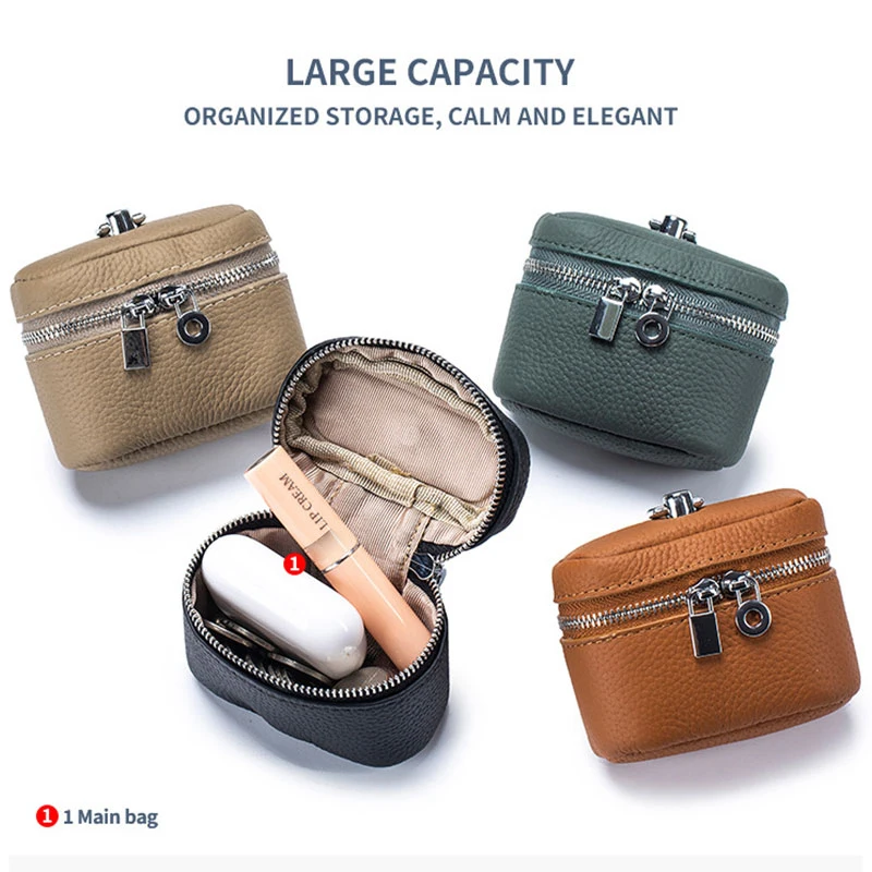 Compact Real Leather Neck Wallet Mini Hanging Lipstick Makeup & Earphone Pouch, Portable Crossbody Bag for Women