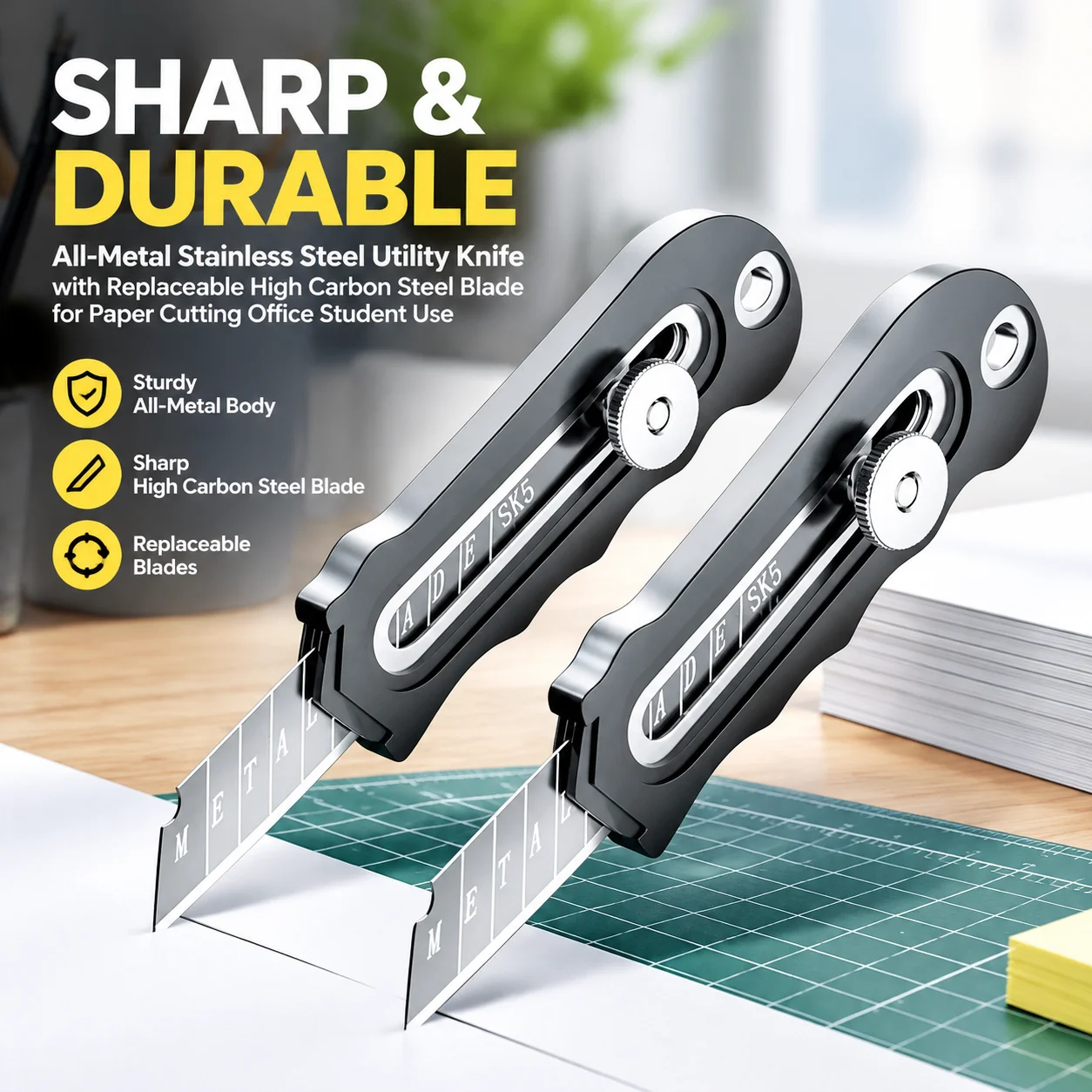 All-Metal Stainless Steel Utility Knife with Replaceable High Carbon Steel Blade for Paper Cutting Office Student Use