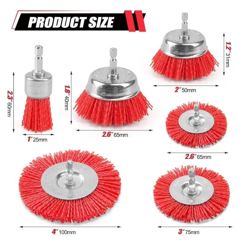 Nylon Abrasive Brush Set for Drill 6 Pack, 1/4 Inch Hex Shank, 3 Inch 2.6InchRedCoarsBristleBrushesforPaintCorrosionRustRemoval