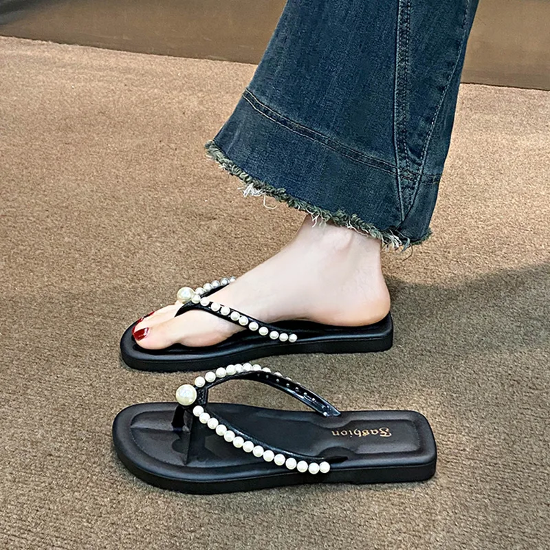 Fashion Pearls Decor Flip Flops for Women Summer Clip Toe Flat Slippers Woman Comfortable Non Slip Outdoor Leisure Beach Slipper