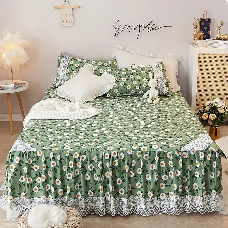 Botanical Floral Bed Skirt French Country Style Flowers Wrap Around Bedskirt 3 Side Coverage Dust Ruffle 1 Sheet & 2 Pillowcase