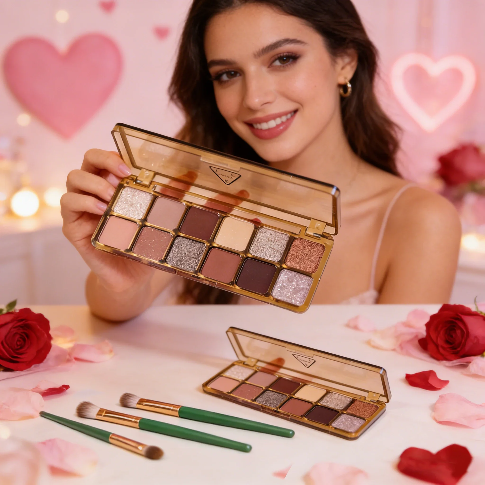 

Палитра теней для век из 12 цветов: матовые, перламутровые, сияющие, с румянами. Набор для макияжа. Подарки на День святого Валентина для женщин, с 3 кистями для теней.