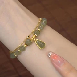 Chinese Style Imitation Jade Gourd Pendant Bracelet For Women Girls Double Layer Chain Lucky Beaded Bracelet Jewelry Party Gift