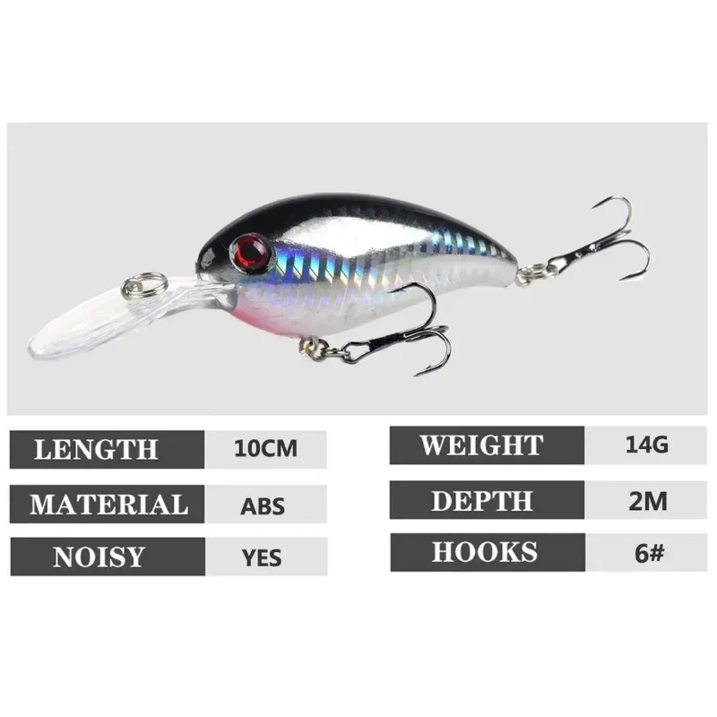 Artificial Hard Crank Fishing Lure, Crankbait Jerkbait Wobbler, Good Treble Hooks Tackle, 10cm, 14g, 1Pc image 3