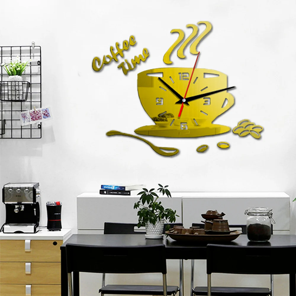 Creative Coffee Cup Wall Clock Sticker Modern Design 3D Mirror Home Decoration Accessories Living Room Background Wall Decor