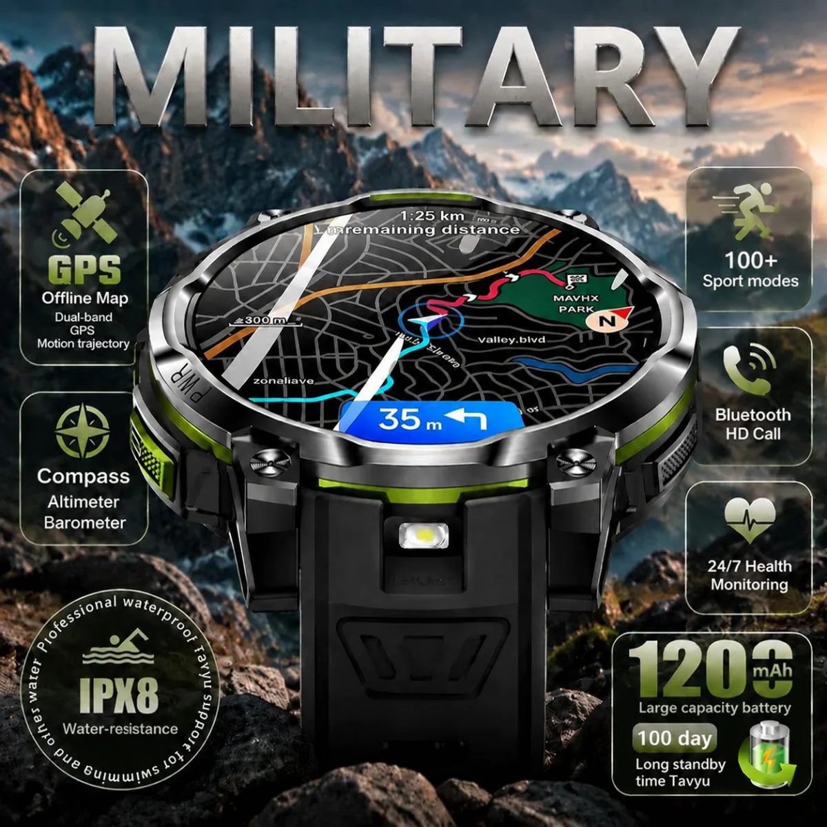 2026 GPS Map Smart Navigation Watch 1200mAh Battery Compass Built‑in ChatGPT Health Monitoring Waterproof Military Sport Band