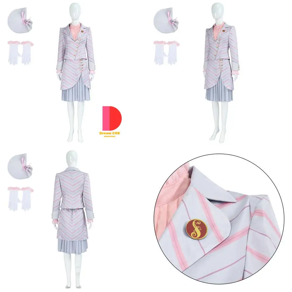 

Popular Movie and TV Character Cosplay Costume Anime Glinda Pink Striped School Uniform Fashion Role Play Women Halloween Party