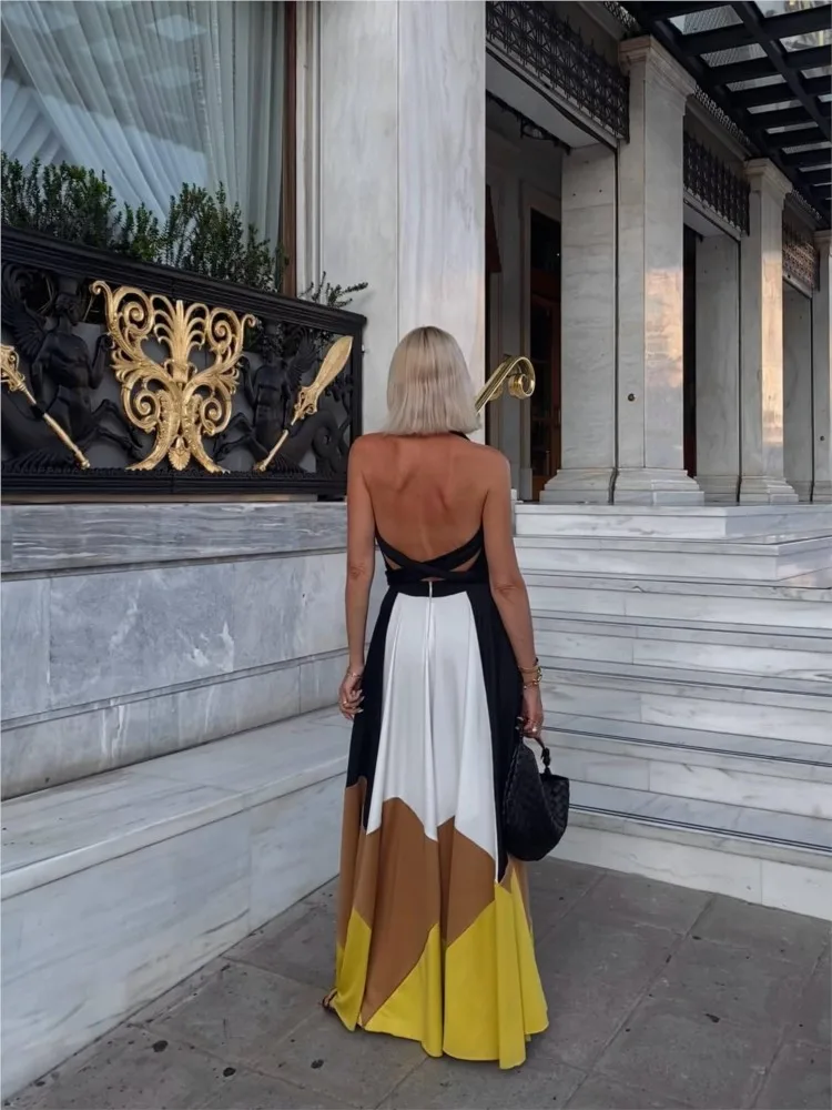 여름 패션 섹시 레이스업 플리츠 맥시 드레스 프린트 패치워크 백리스 홀로우 아웃 여성 드레스 보헤미안 휴가 파티 드레스