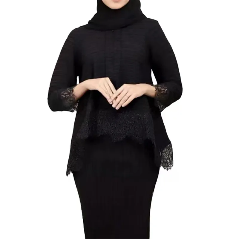 Muslim Tops Skirts Set For Ramadan Islam Dubai 3/4 Sleeves Tops Skirts Pleated Loose Set For Women Two Pieces Female Turkey Suit