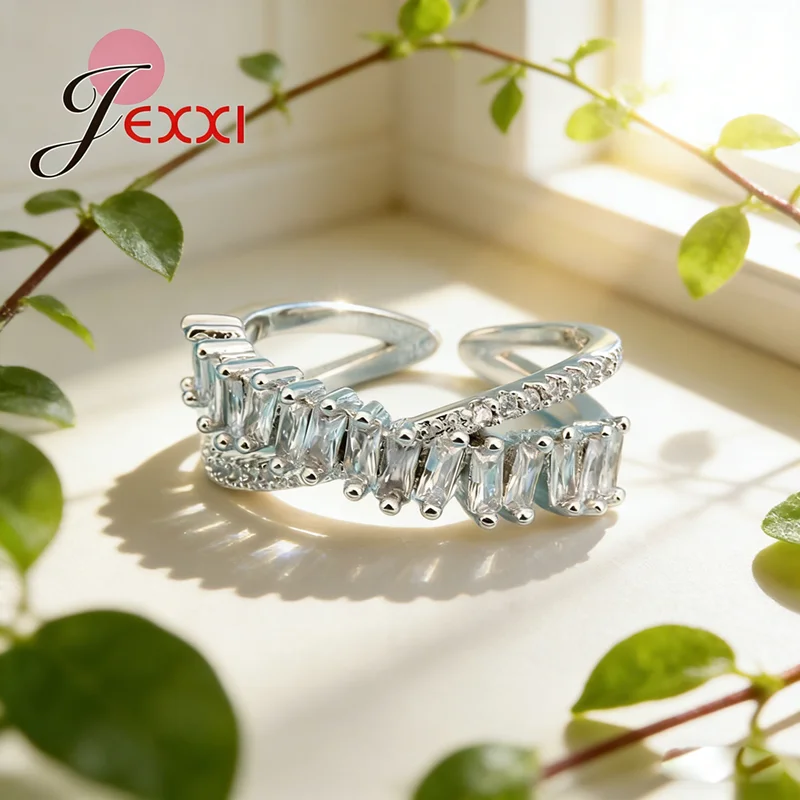 

Women Wedding 925 Sterling Silver Austrian Crystal Rings Jewelry Fashion Opening Adjustable Engagement Proposal Anillos