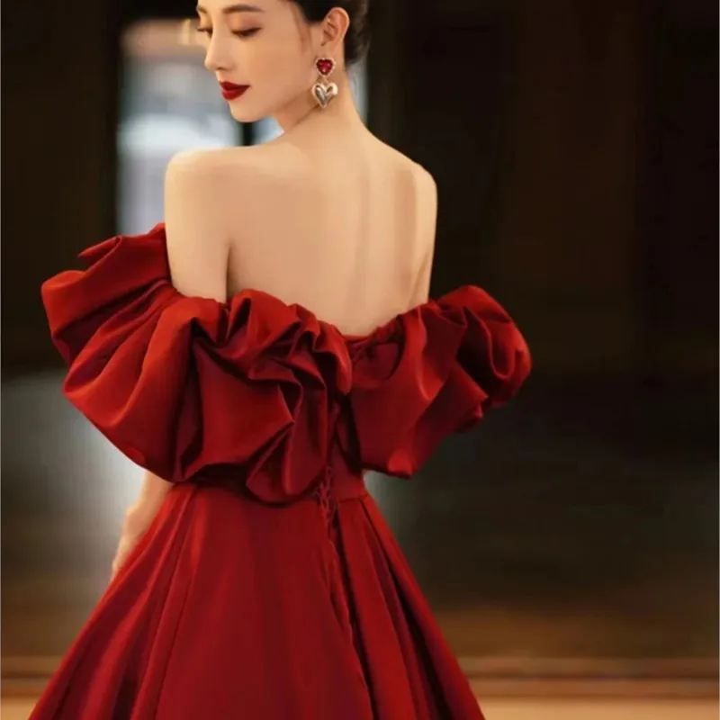 

off-Shoulder Toast Clothing Red New Style Women's Dress Satin