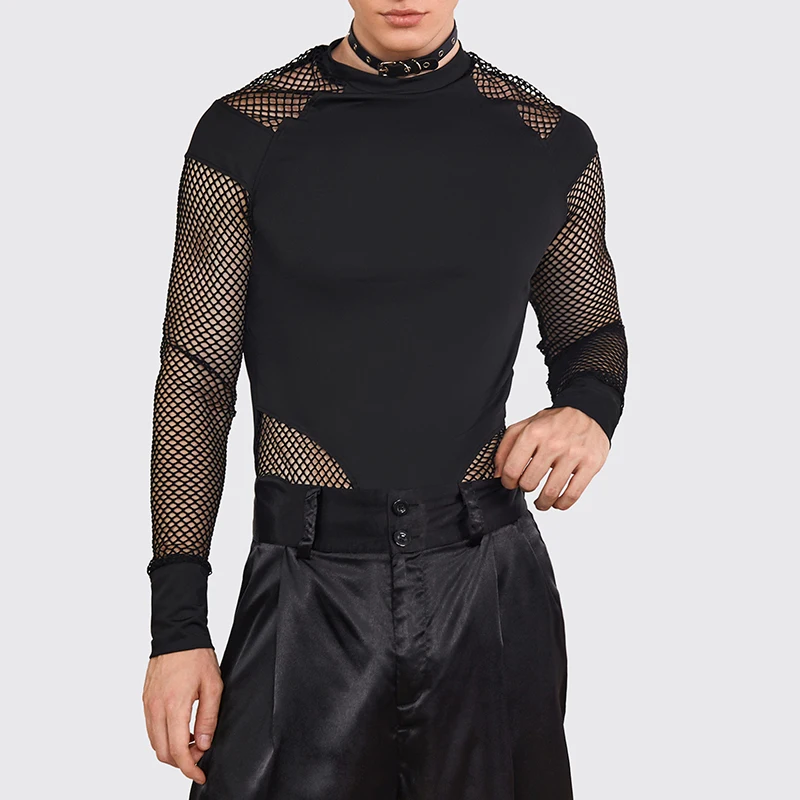 INCERUN 2026 Men Bodysuits Mesh Patchwork O-neck Casual Long Sleeve Bodysuit Sexy See Through Streetwear Male Rompers Playsuits