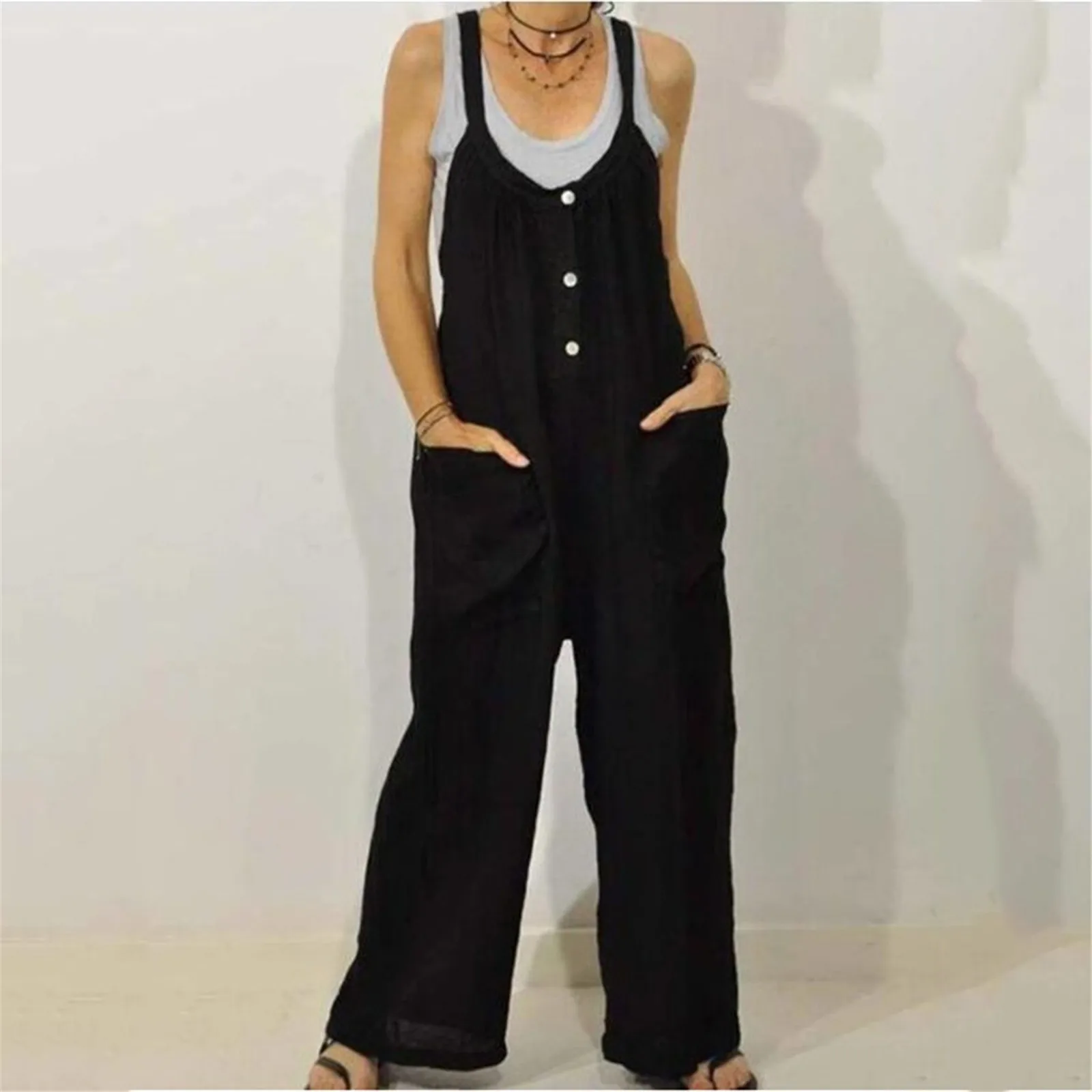 

Summer New Hot Brand Women Casual Loose Cotton Linen Solid Pockets Jumpsuit Overalls Wide Leg Cropped Pants Jumpsuits for Women