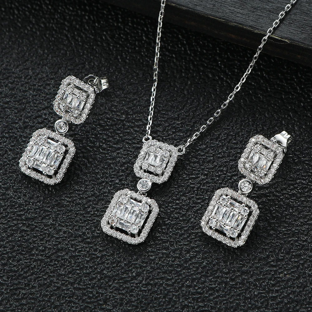 Luxury Sparkling Geometric Hollow Out Square Cubic Zircon Dubai Bridal Necklace Stud Earring Jewelry Sets Summer Party S523