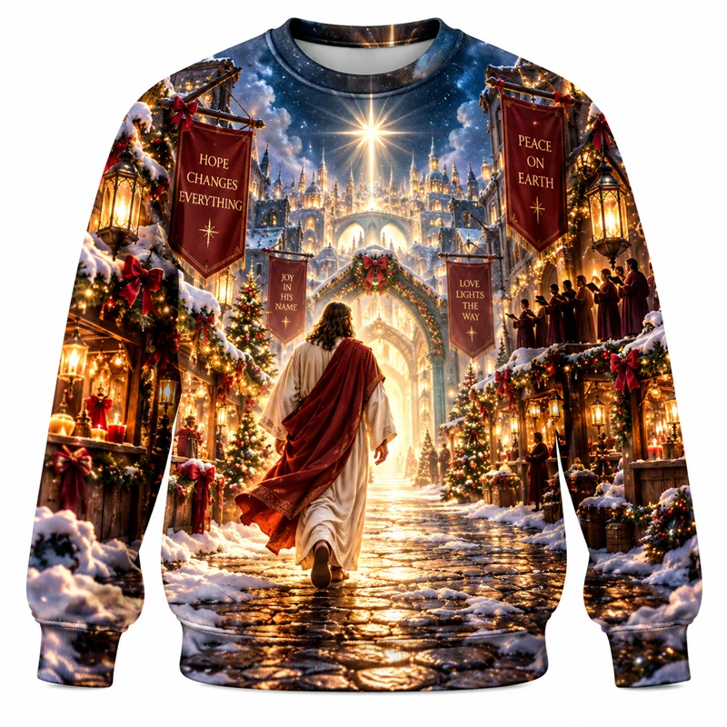 Jesus Christmas Sweatshirt Christian Faith Nativity Angel Sacred Heart Crewneck Xmas Pullover Holiday Religious Gift Casual Top