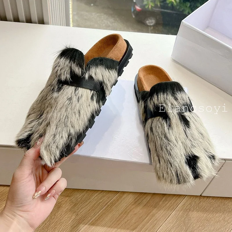 Chinelos peludos de dedo fechado para mulheres, dedo do pé dividido, fundo grosso, fivela de metal, mulas preguiçosas, sapatos femininos de férias, primavera e outono