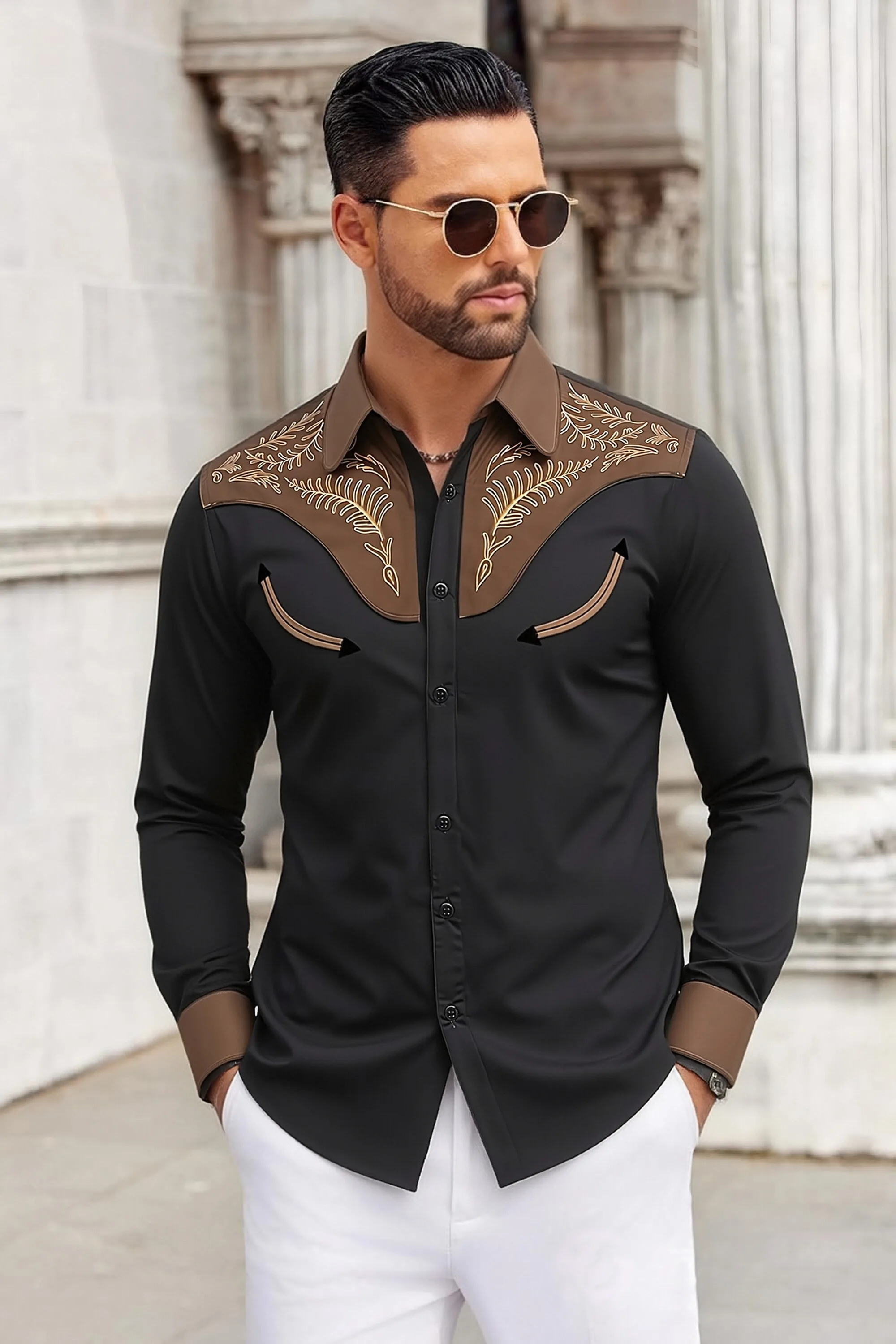 

New Men's Fashion Embroidered Shirt Western Style Pattern Embroidery Loose Long Sleeve Shirt
