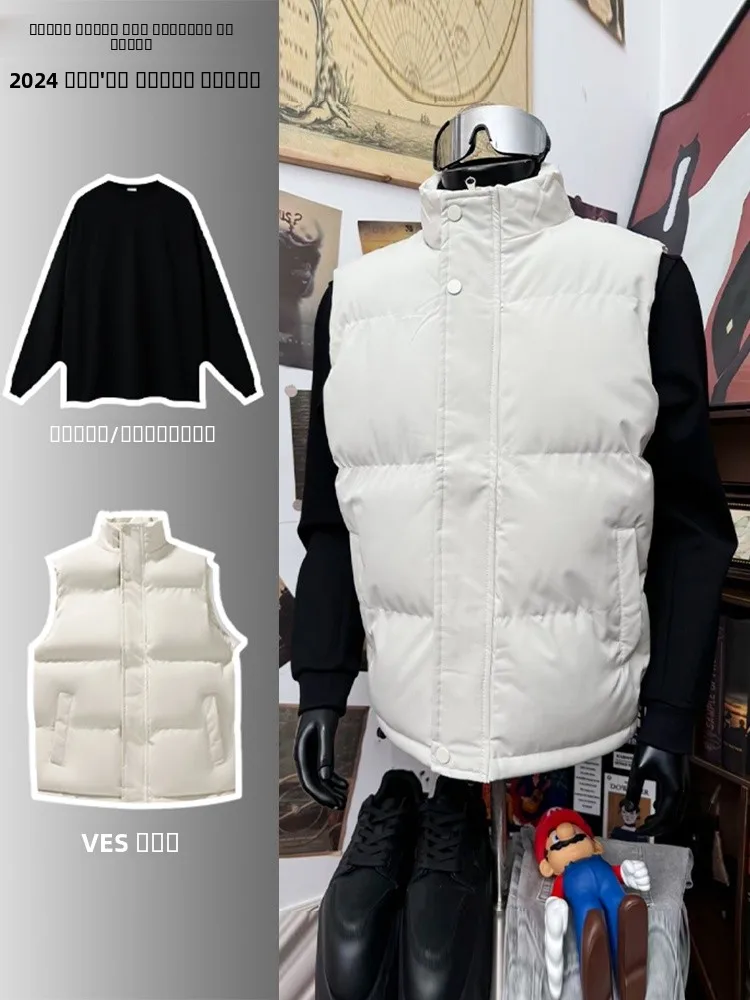 

Белый пуховый жилет для мужчин: теплый, осенне-зимний, хлопковый, в американском повседневном спортивном стиле