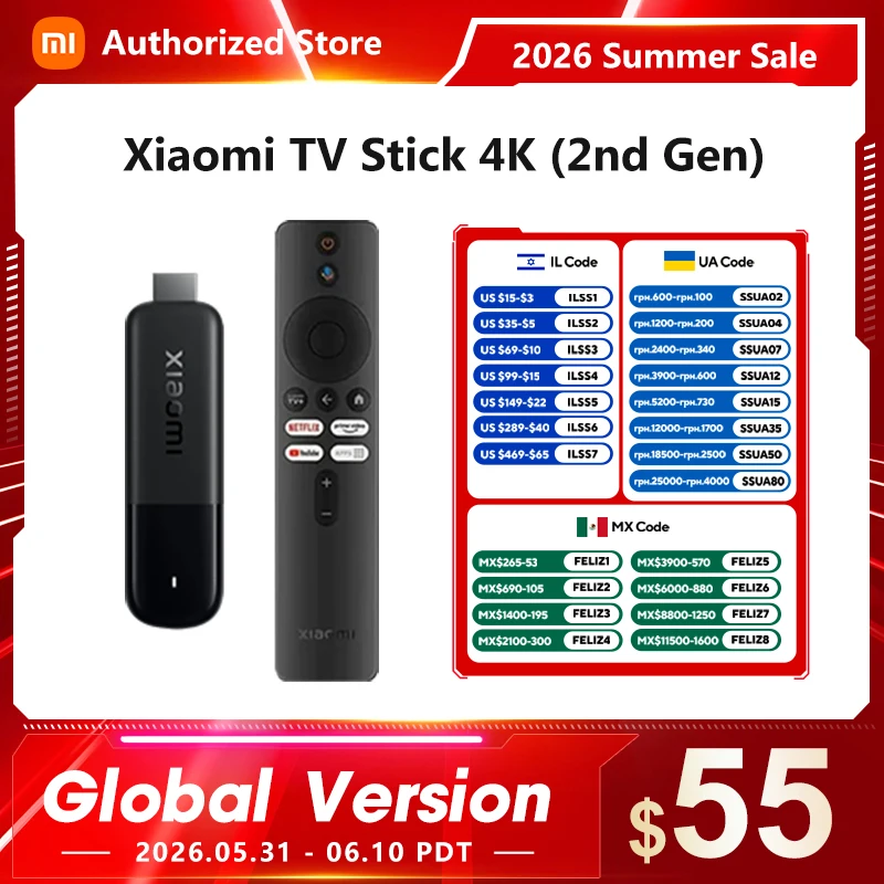 Global Version Xiaomi Mi TV Stick 4K 2nd Gen DTS HD Video 8GB ROM Portable Streaming Media Quad Core Bluetooth 5.2 Dolby Vision