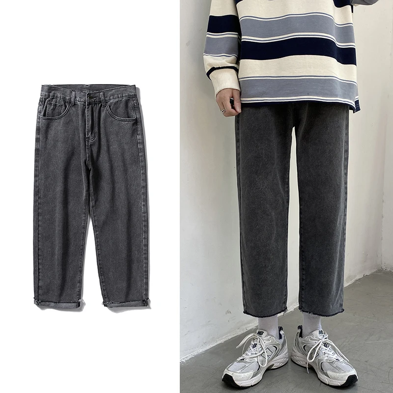 

Men's Streetwear Smoky Gray Baggy Jeans 2021 Autumn New Korean Fashion Straight Denim Cropped Trousers Wide Leg Pants Male