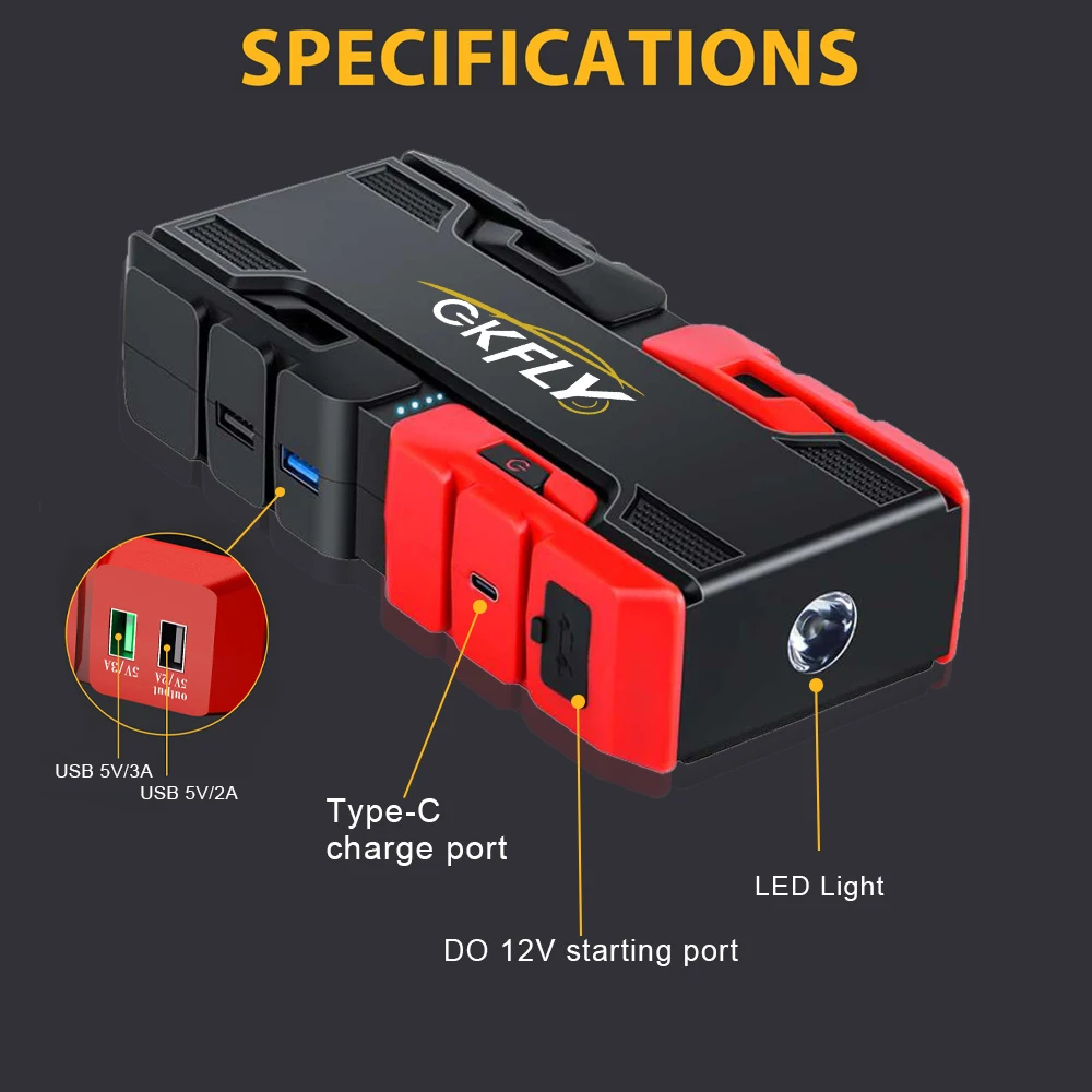 GKFLY Car Jump Starter 2000A/3000A Peak Power Bank 12V Car Booster Auto Emergency Starting Device Jump Start for Petrol Diesel