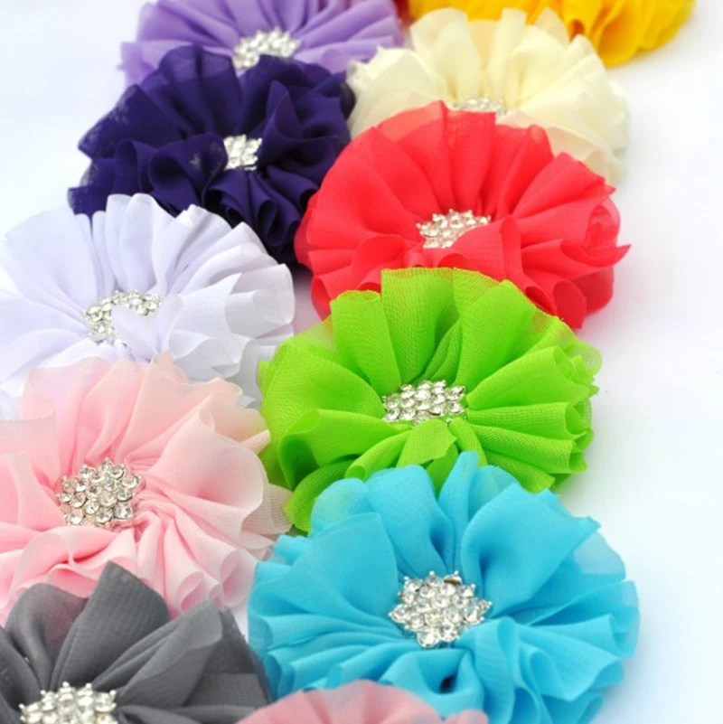 

200pcs/lot 6.5CM 15Colors Artificial Fabric Flowers With Bling Rhinestone Button Fashion Ballerina For Wedding Dress Decoration