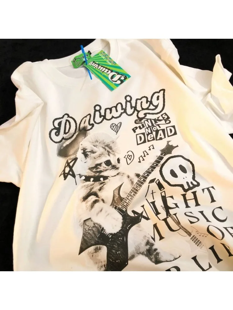 

HOUZHOU White Guitar Cat Graphic Print Women T-Shirts Short Sleeve Oversized American Retro Couple Tees Loose Streetwear Summer