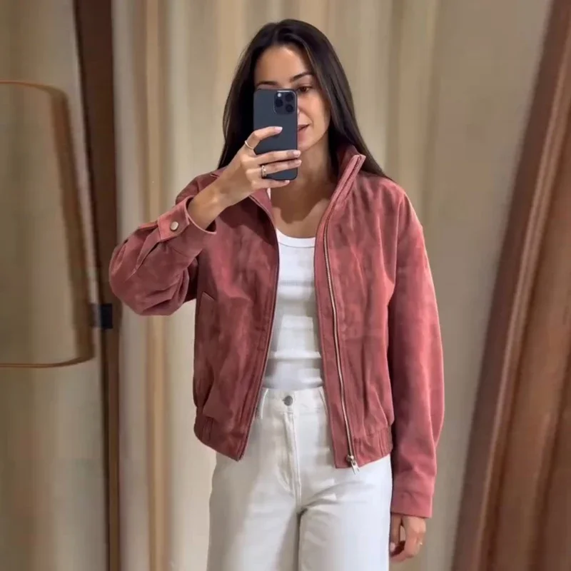 Vintage Wildleder-Patchwork-Damenmantel, Herbst, Langarm, Stehkragen, einreihig, Damenmäntel 2026, Streetwear-Jacke für Damen – Detail 9