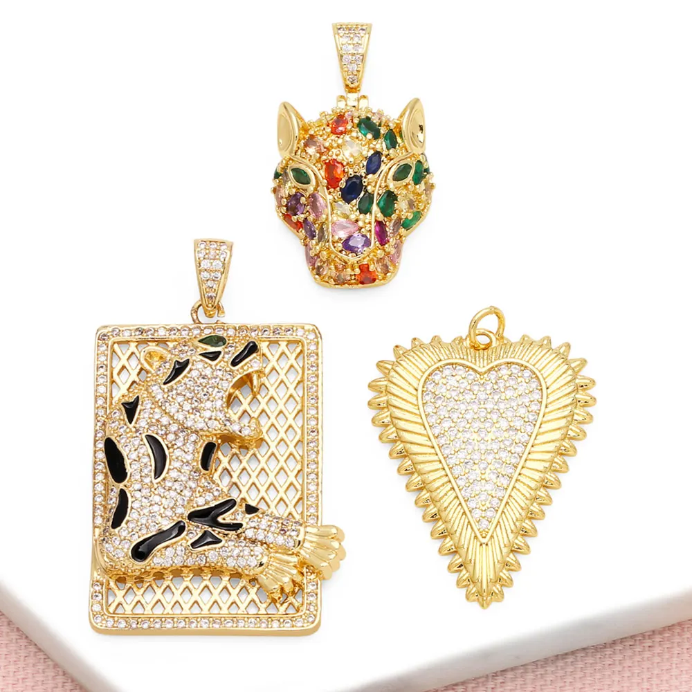 OCESRIO Big White Crystal Heart Pendant for Necklace Copper Gold Plated Large Leopard Board Jewelry Making Component pdtb438