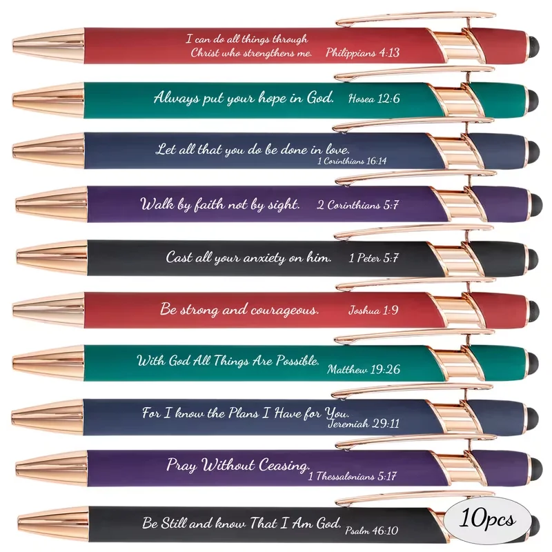 

10-piece Bible metal ballpoint pen set, multi-colored, ideal for church events and religious gifts