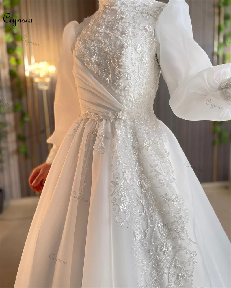 Customized High Neck Lace Hijab Wedding Gown for Bride A-Line Long Sleeves Muslim Bridal Dresses Islamic Robe De Mariée 2026