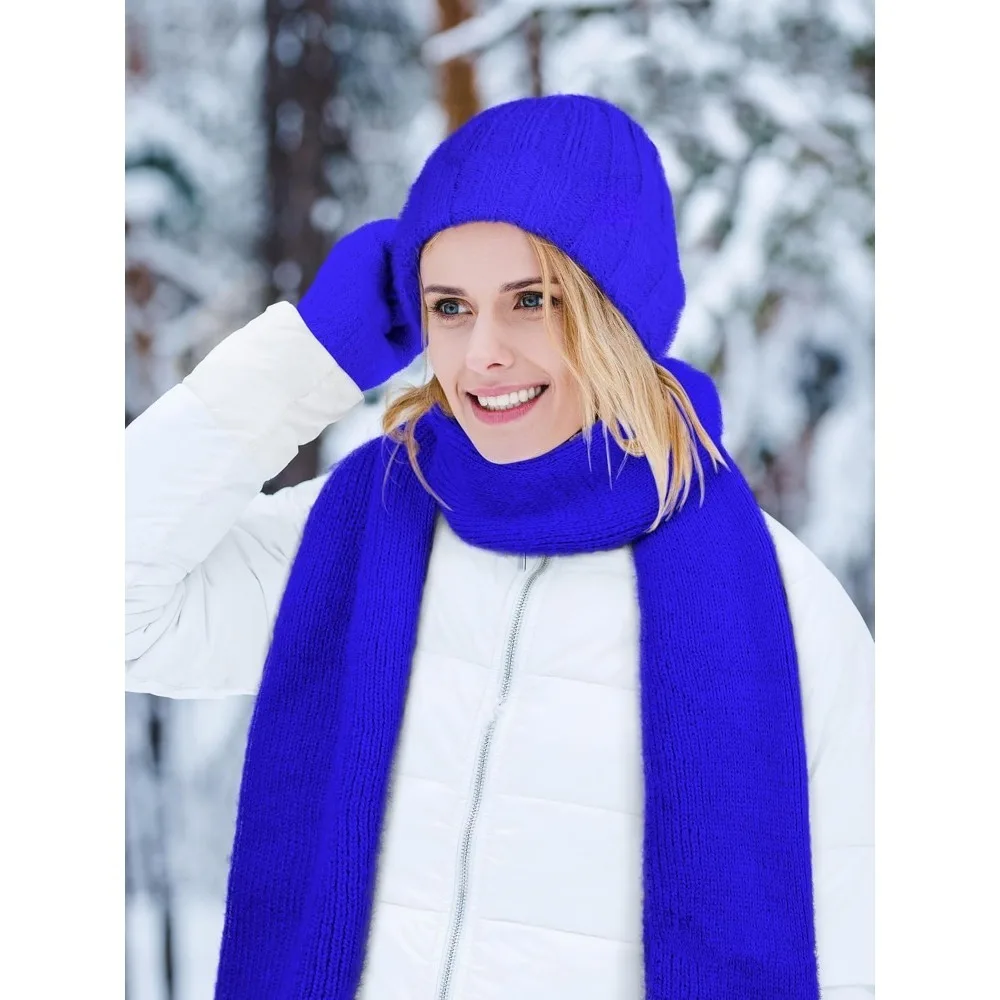 الشتاء قبعة قبعة وشاح قفازات، الدافئة الصوف متماسكة قبعة وشاح طويل الرقبة أدفأ شاشة تعمل باللمس قفازات الشتاء مجموعة هدايا للنساء