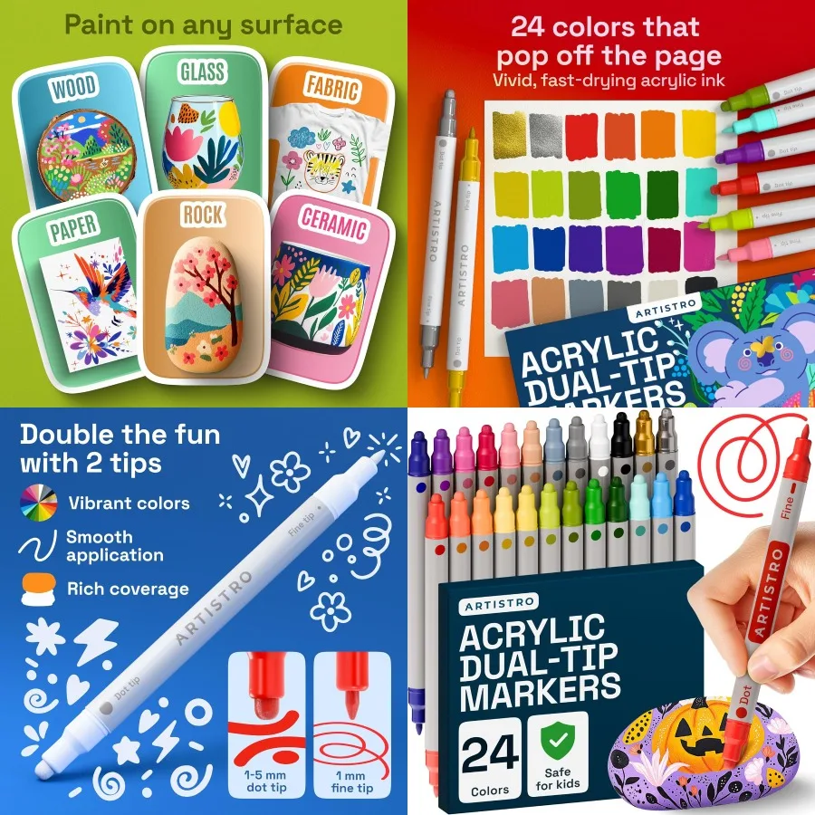 

ARTISTRO 24 акриловые маркеры для каменной ткани, дерева, стекла, ремесленного украшения — ручки с двумя наконечниками — идеально подходят для художественного проекта «сделай сам»